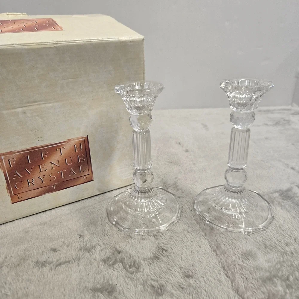 Fifth Avenue Crystal Charleston 6in Candlesticks 24% Lead Crystal Set 315192-GB